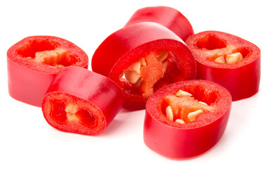 sliced red chili or chilli cayenne pepper isolated on white  background cutout
