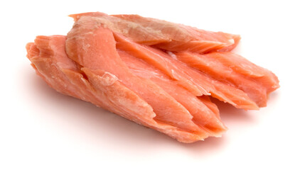 smoked salmon segments isolated on white background cutout. Prepared fish fillet fibres.