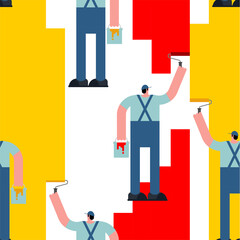 Painter paints pattern seamless. Painter with bucket of paint and roller paints wall background. Baby fabric texture