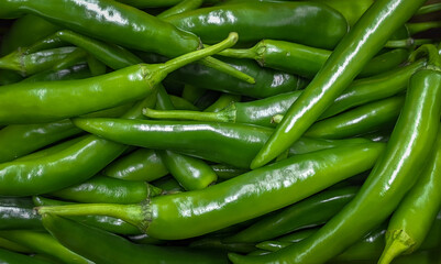 A background of a large number of large pods of hot green peppers. Background from vegetables on a shop window. Harvesting green peppers.