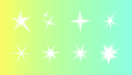 White stars sparkling vector set. Glowing celestial stars, fireworks, shimmering decoration, sparkling flash, sparkler, holiday garland. Isolated objects.