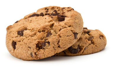 Two Chocolate chip cookies isolated on white background. Sweet biscuits. Homemade pastry.