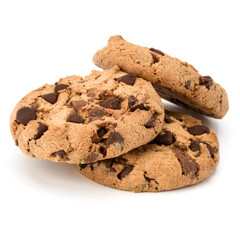 Three Chocolate chip cookies isolated on white background. Sweet biscuits. Homemade pastry.