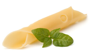 Cheese and basil leaves isolated on white background