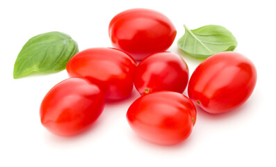 fresh plum tomato with basil leaf isolated on white background