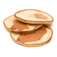 Three pancakes isolated on white background cutout.