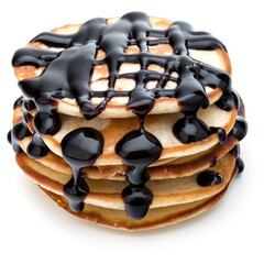 Pancakes  stack with chocolate syrup on white background