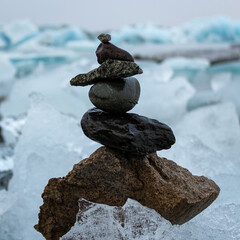 Piles of stones in Iceland. Jökulsárlón Glacier Lagoon