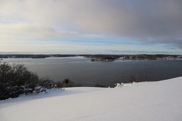 Nice snowy landscape during a Swedish winter. Plenty of cold white snow and a great view. Järfälla, Stockholm, Sweden, Europe.