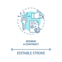 Signing a contract concept icon. Contract lifecycle steps. Agreeing to terms between two different companies idea thin line illustration. Vector isolated outline RGB color drawing. Editable stroke