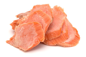 smoked salmon segments isolated on white background cutout. Prepared fish fillet fibres.