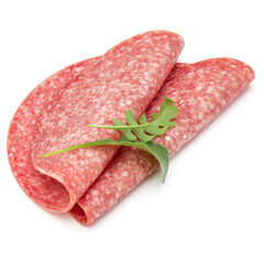 Salami smoked sausage slices isolated on white background