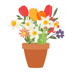 Bouquet of spring flowers tulips and daffodils. Vector Illustration. EPS10