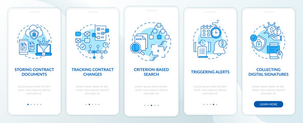 Contract management software functions onboarding mobile app page screen with concepts. Saving documents walkthrough 5 steps graphic instructions. UI vector template with RGB color illustrations