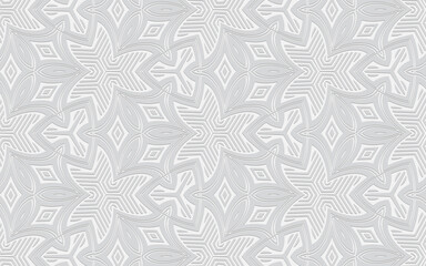Ethnic convex volumetric wallpaper from a 3D pattern. White embossed background from geometric shapes. Texture for design and decor.