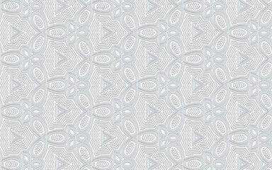 Ethnic convex volumetric wallpaper from a 3D pattern in the style of doodling. White embossed background from geometric shapes. Texture for presentations, websites.