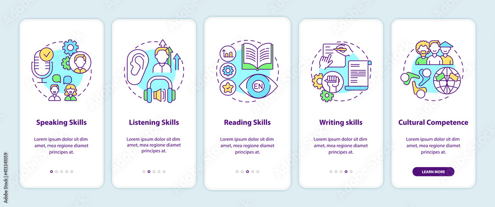Poster language learning competences onboarding mobile app page screen with concepts. speaking, reading ski