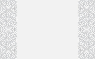 Ethnic convex volumetric wallpaper from an original 3D pattern in an oriental style. White embossed background of geometric shapes. Vertical inserts with an ornament.