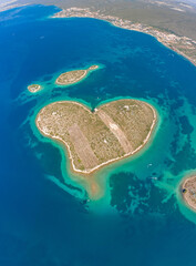Aerial drone shot of heart-shaped island Galesnjak in Dalamatia Croatia