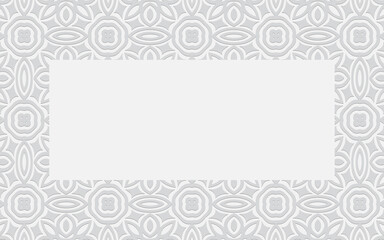 Ethnic convex volumetric white embossed background of geometric shapes. Frame with an ornament for text, advertising, design.