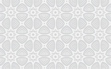 Ethnic convex volumetric wallpaper from a 3D pattern in the style of the peoples of Africa, Mexico, Aztecs. White embossed background of geometric shapes and stylized flowers. Texture for decor.