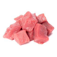 Raw chopped beef meat pieces isolated om white background cut out.