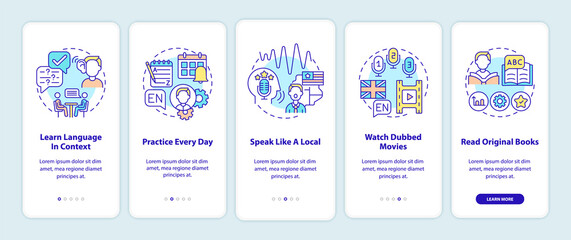 Learning language tips onboarding mobile app page screen with concepts. Language in context, dubbed movies walkthrough 5 steps graphic instructions. UI vector template with RGB color illustrations