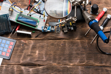 Microprocessor programming concept background top view.