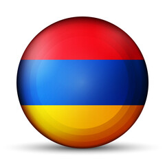 Glass light ball with flag of Armenia. Round sphere, template icon. Armenian national symbol. Glossy realistic ball, 3D abstract vector illustration highlighted on a white background. Big bubble.