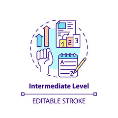 Fototapeta na wymiar Intermediate level concept icon. Language learning stage idea thin line illustration. Limited proficiency. Vocabulary words knowledge. Vector isolated outline RGB color drawing. Editable stroke