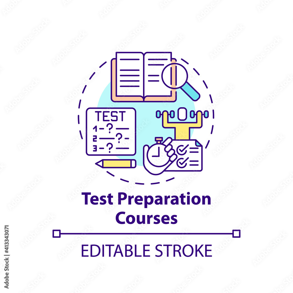 Poster test preparation courses concept icon. improving language learning level idea thin line illustration