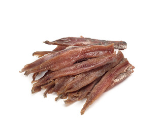 Salted anchovies on a white background. Top view
