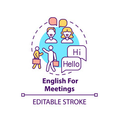 English for meetings concept icon. Business english purpose idea thin line illustration. Effective communication. Conversation at workplace. Vector isolated outline RGB color drawing. Editable stroke