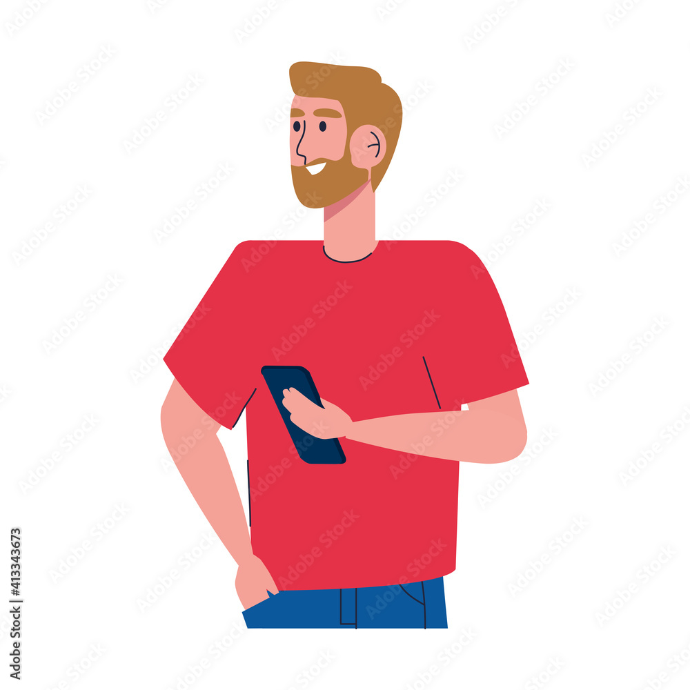 Poster man bearded using smartphone standing character vector illustration design