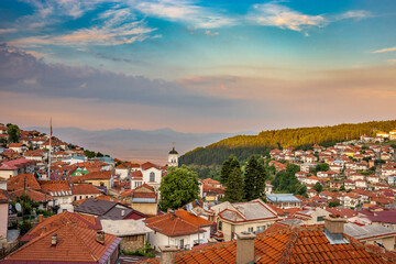View of downtown of historical Krusevo at wonderful sunset in North Macedonia