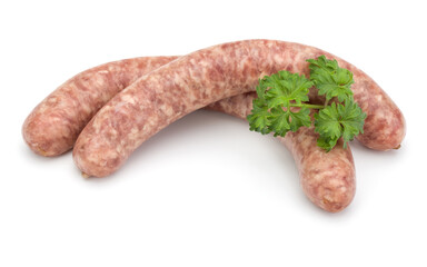 Raw sausage with parsley leaf isolated on white background