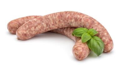 Raw sausage with basil leaf isolated on white background