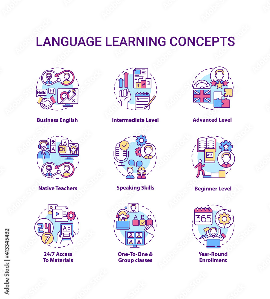 Poster language learning concept icons set. language acquisition idea thin line rgb color illustrations. sp