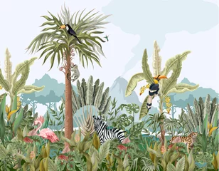  Patroon met jungle dieren, bloemen en bomen. Vector. © Yumeee