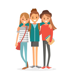 Group of 3 three girlfriends, university fellow students classmates, buddies, pals standing together hugging posing for keepsake photograph. Group of learners young people. Vector illustration. Flat