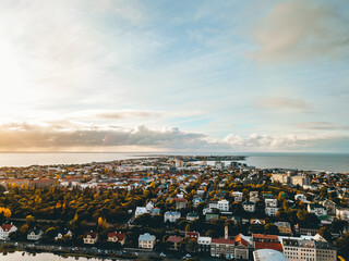Obraz premium Iceland Is Reykjavik. View of the city at sunset from a drone.