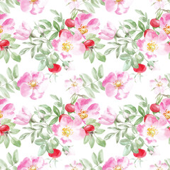 rosehip pattern. Hand drawn seamless watercolor pattern of rosehip flowers, leaves and berries.