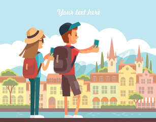 Obraz na płótnie Canvas Vector traveller couple pair stands making selfie,posting on instagram, social media in front of panoramic view on famous landmark, attractive beautyfull city, old medieval town place.