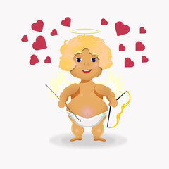 Cupid with bow and arrow on a white background. Around the cupid there are hearts and a halo above it.Funny cupid for lovers on Valentine's Day