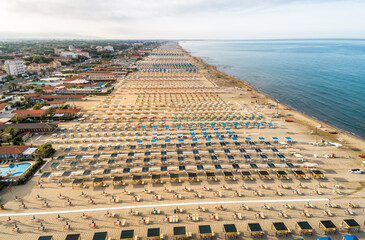Aerial view of the Marina di Pietrasanta beach in the early morning, Tuscany, Italy.
