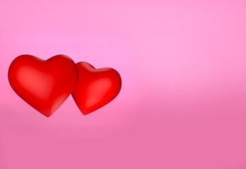 3D illustration. Two red hearts on pink background