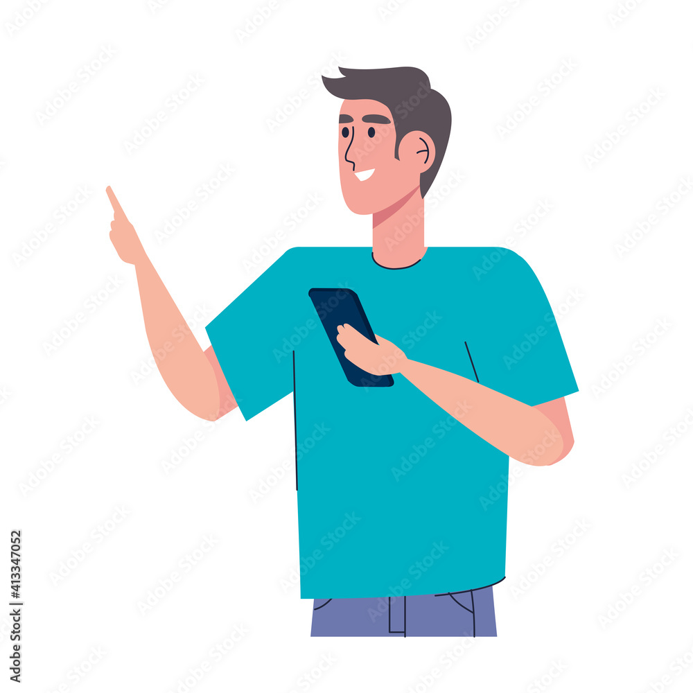 Poster man using smartphone standing character vector illustration design