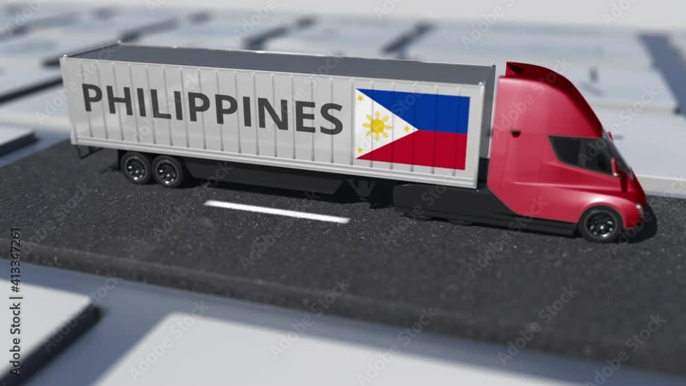 Poster truck with flag of the philippines moves on the keyboard key. export or import related looping 3d an