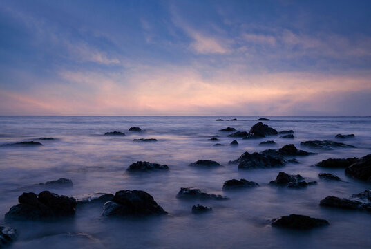Ngapali beach at sunset in Myanmar. Beautiful sunset over the sea abstract background