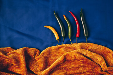 Summer forest landscape made of red, green and yellow chilli paprika blue background. Minimal nature concept. Flat lay.